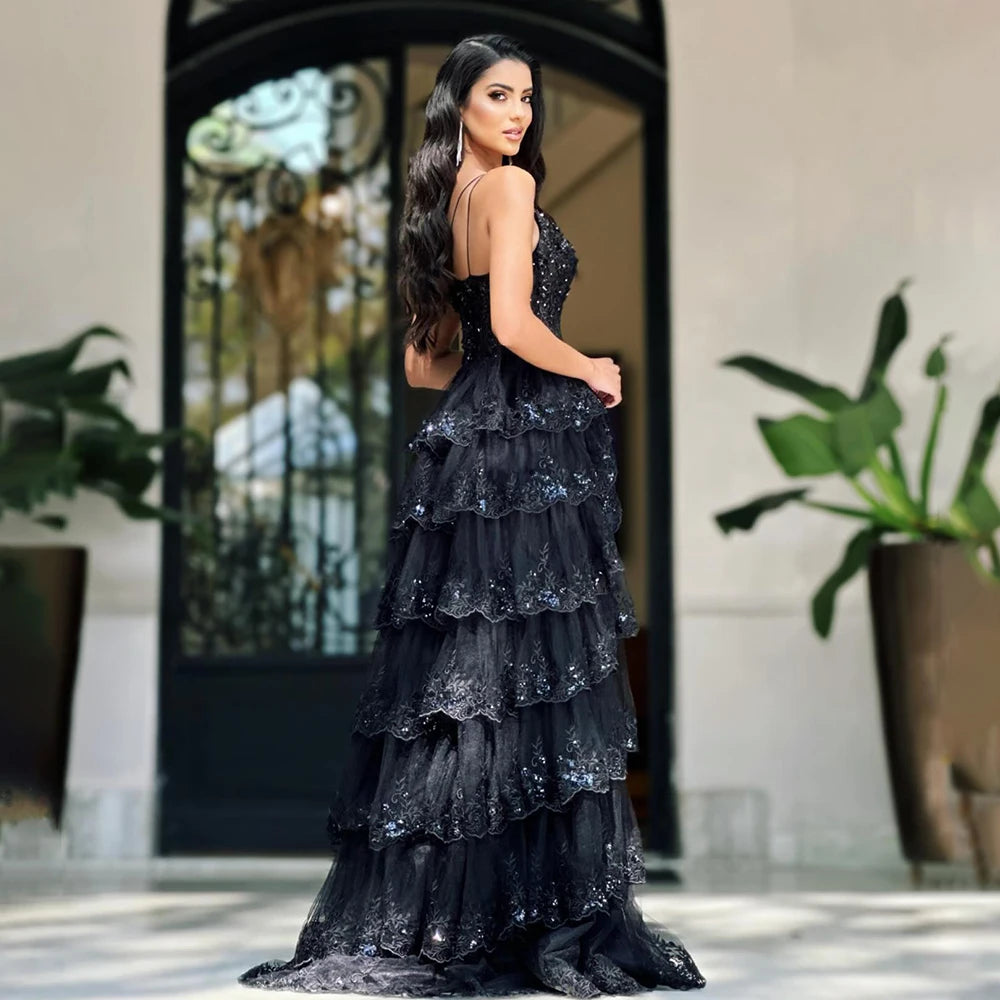 Serene Hill 2025 Arabic Black Elegant One-Shoulder Tiered Side Split A-Line Lace Luxury Prom Dress for Women&