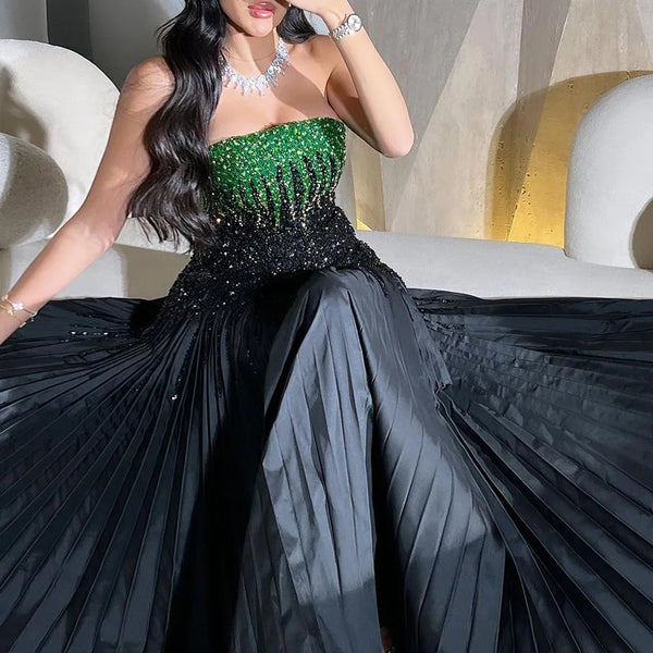 Luxury Beaded Black Green Off Shoulder Dubai Evening Dress for Party LA72406