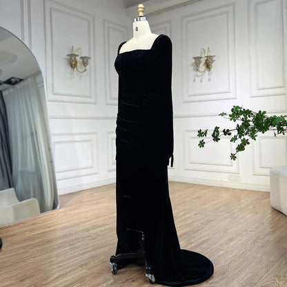 Serene Hill 2025 Arabic Black Velvet With Gloves Mermaid Luxury Dubai Evening Dresses Gowns for Women Wedding Party LA72530 - SERENE HILL
