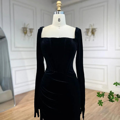 Serene Hill 2025 Arabic Black Velvet With Gloves Mermaid Luxury Dubai Evening Dresses Gowns for Women Wedding Party LA72530 - SERENE HILL