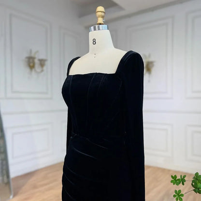 Serene Hill 2025 Arabic Black Velvet With Gloves Mermaid Luxury Dubai Evening Dresses Gowns for Women Wedding Party LA72530 - SERENE HILL