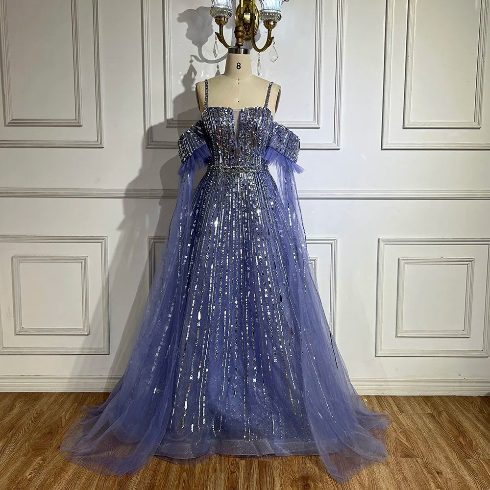 Serene Hill 2025 Arabic Blue A-Line Elegant Beaded Luxury Evening Gowns for Women with Detachable Cape Sleeves Party LA72638 - SERENE HILL