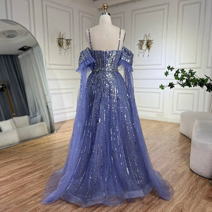 Serene Hill 2025 Arabic Blue A-Line Elegant Beaded Luxury Evening Gowns for Women with Detachable Cape Sleeves Party LA72638 - SERENE HILL