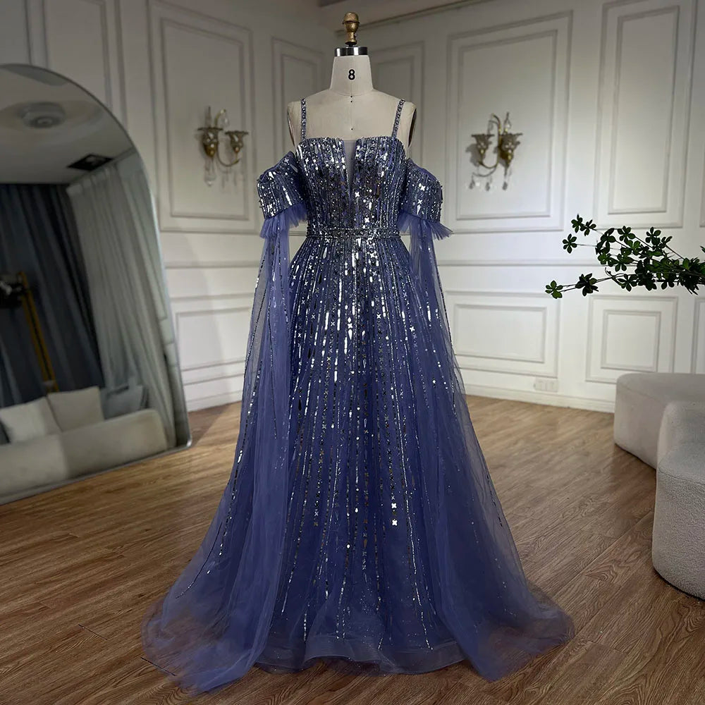 Serene Hill 2025 Arabic Blue A-Line Elegant Beaded Luxury Evening Gowns for Women with Detachable Cape Sleeves Party LA72638 - SERENE HILL