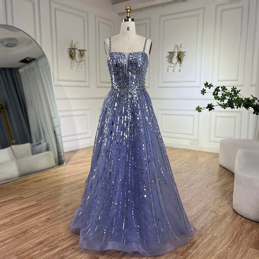 Serene Hill 2025 Arabic Blue A-Line Elegant Beaded Luxury Evening Gowns for Women with Detachable Cape Sleeves Party LA72638 - SERENE HILL