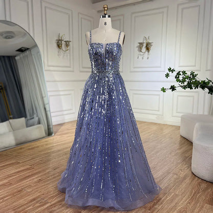 Serene Hill 2025 Arabic Blue A-Line Elegant Beaded Luxury Evening Gowns for Women with Detachable Cape Sleeves Party LA72638 - SERENE HILL
