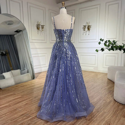 Serene Hill 2025 Arabic Blue A-Line Elegant Beaded Luxury Evening Gowns for Women with Detachable Cape Sleeves Party LA72638 - SERENE HILL