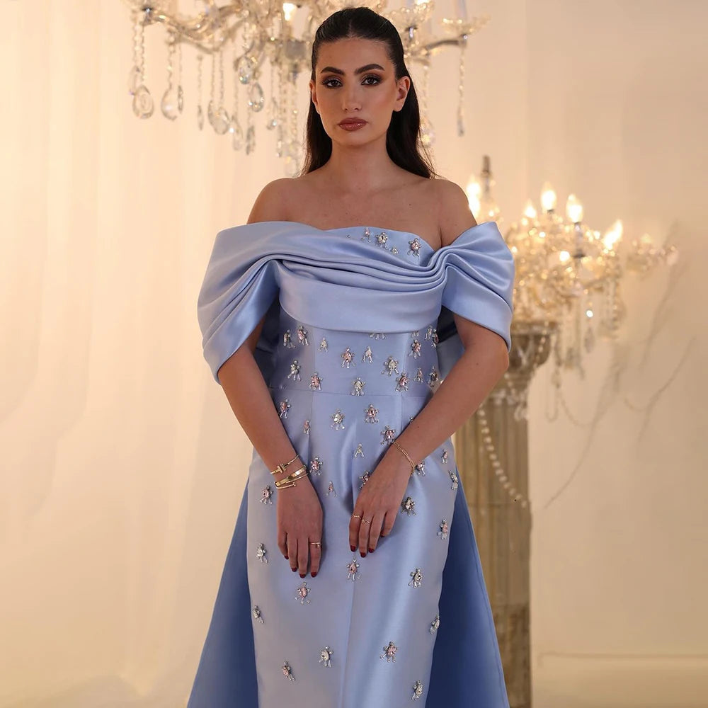 Serene Hill 2025 Arabic Blue Beaded Crystal Ankle-Length Mermaid Satin Evening Dresses Gowns for Women Wedding Party LA72414A - SERENE HILL