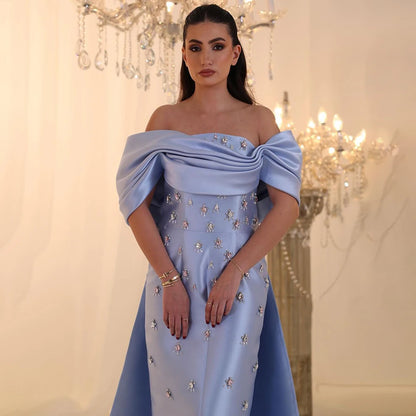 Serene Hill 2025 Arabic Blue Beaded Crystal Ankle-Length Mermaid Satin Evening Dresses Gowns for Women Wedding Party LA72414A - SERENE HILL