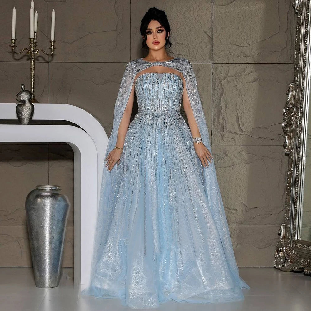 Serene Hill 2025 Arabic Blue Cape Sleeves A-Line Beaded Evening Dresses Long Celebrity Gowns for Women Wedding Party LA72427 - SERENE HILL