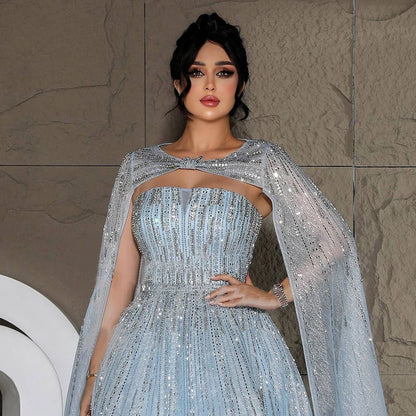 Serene Hill 2025 Arabic Blue Cape Sleeves A-Line Beaded Evening Dresses Long Celebrity Gowns for Women Wedding Party LA72427 - SERENE HILL