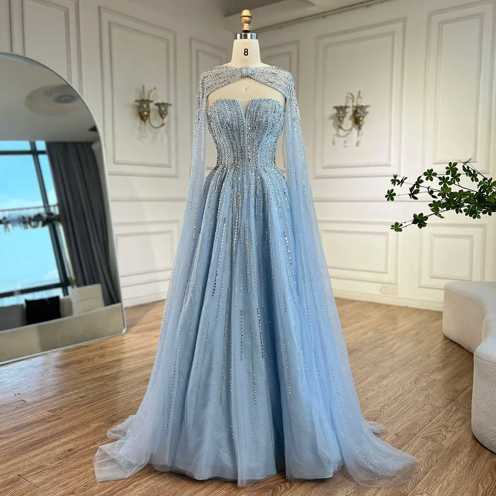 Serene Hill 2025 Arabic Blue Cape Sleeves A-Line Beaded Evening Dresses Long Celebrity Gowns for Women Wedding Party LA72427 - SERENE HILL