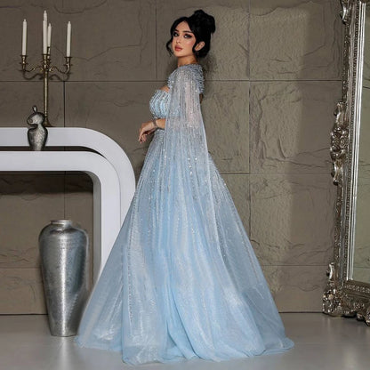 Serene Hill 2025 Arabic Blue Cape Sleeves A-Line Beaded Evening Dresses Long Celebrity Gowns for Women Wedding Party LA72427 - SERENE HILL