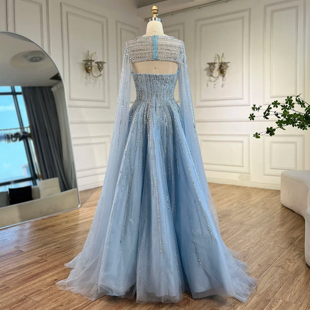Serene Hill 2025 Arabic Blue Cape Sleeves A-Line Beaded Evening Dresses Long Celebrity Gowns for Women Wedding Party LA72427 - SERENE HILL