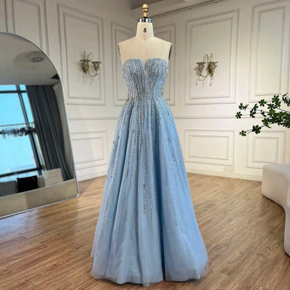 Serene Hill 2025 Arabic Blue Cape Sleeves A-Line Beaded Evening Dresses Long Celebrity Gowns for Women Wedding Party LA72427 - SERENE HILL