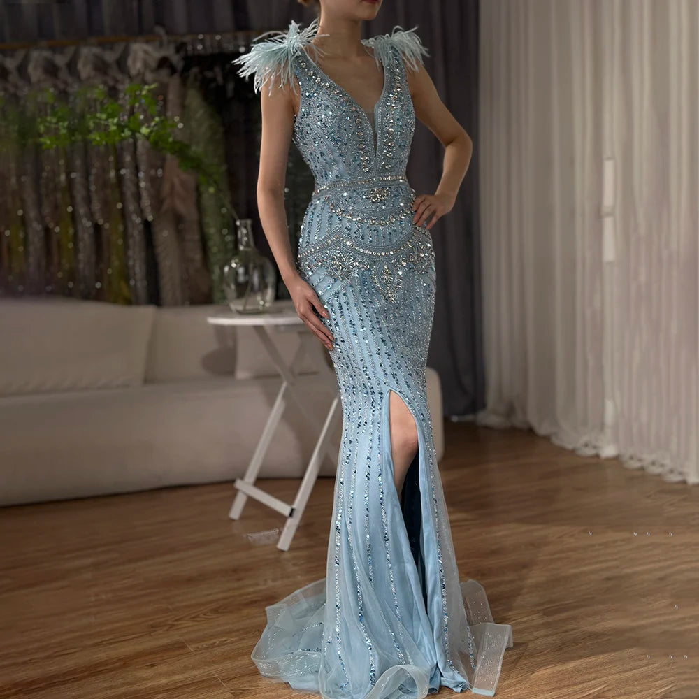 Luxury Dubai Arabic Blue Elegant Split Mermaid Beaded Feathers Long Evening Dresses Gowns for Formal Occasion LA72742 - SERENE HILL