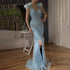 Luxury Dubai Arabic Blue Elegant Split Mermaid Beaded Feathers Long Evening Dresses Gowns for Formal Occasion LA72742 - SERENE HILL