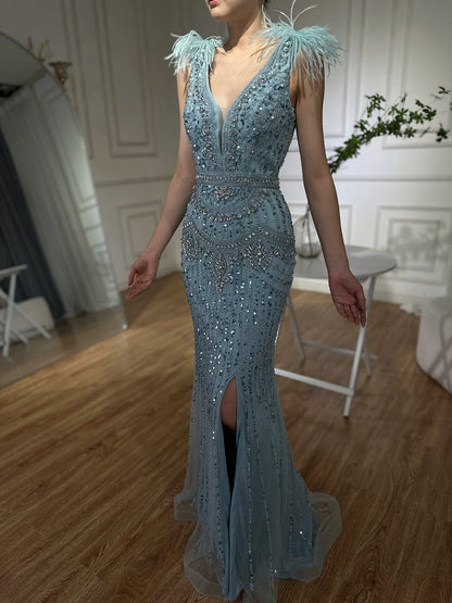 Luxury Dubai Arabic Blue Elegant Split Mermaid Beaded Feathers Long Evening Dresses Gowns for Formal Occasion LA72742 - SERENE HILL