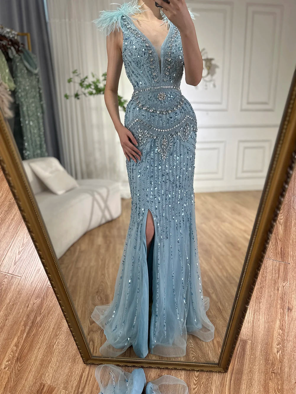 Luxury Dubai Arabic Blue Elegant Split Mermaid Beaded Feathers Long Evening Dresses Gowns for Formal Occasion LA72742 - SERENE HILL