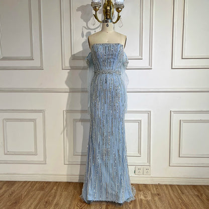 Light Blue Pearls Luxury Dubai Evening Dresses Elegant LA71950 - SERENE HILL