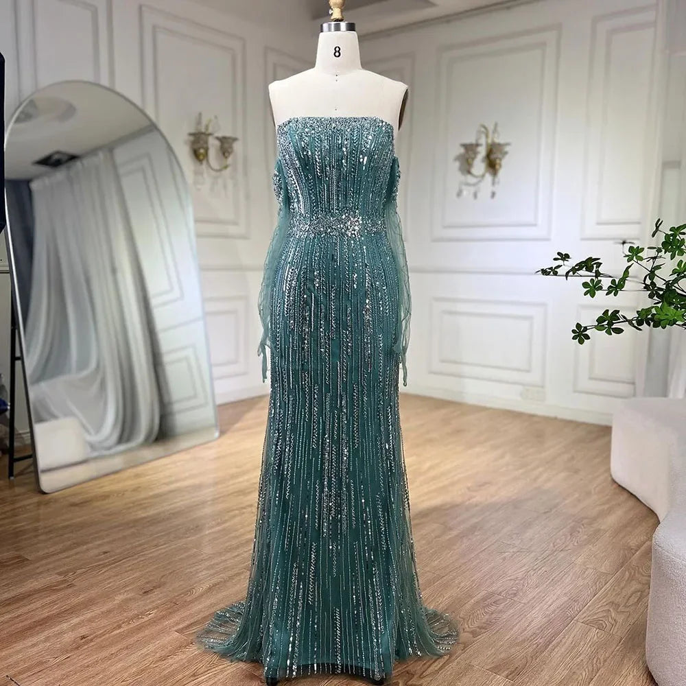 Light Blue Pearls Luxury Dubai Evening Dresses Elegant LA71950 - SERENE HILL