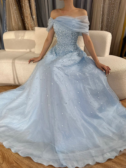 Luxury Dubai Arabic Blue Off Shoulder Beaded A Line Evening Dress LA72009A - SERENE  HILL