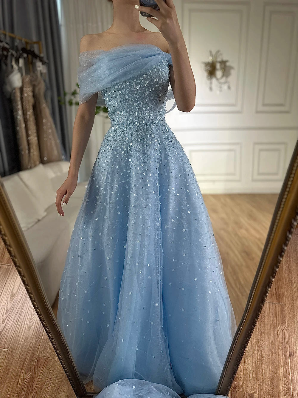 Luxury Dubai Arabic Blue Off Shoulder Beaded A Line Evening Dress LA72009A - SERENE  HILL