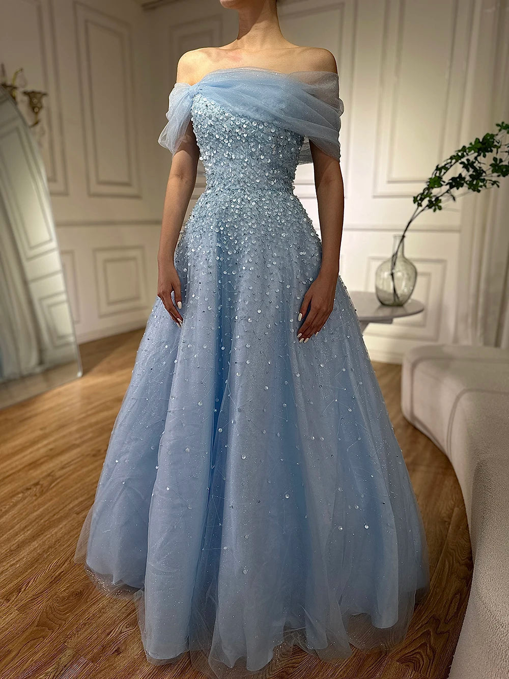 Luxury Dubai Arabic Blue Off Shoulder Beaded A Line Evening Dress LA72009A - SERENE  HILL