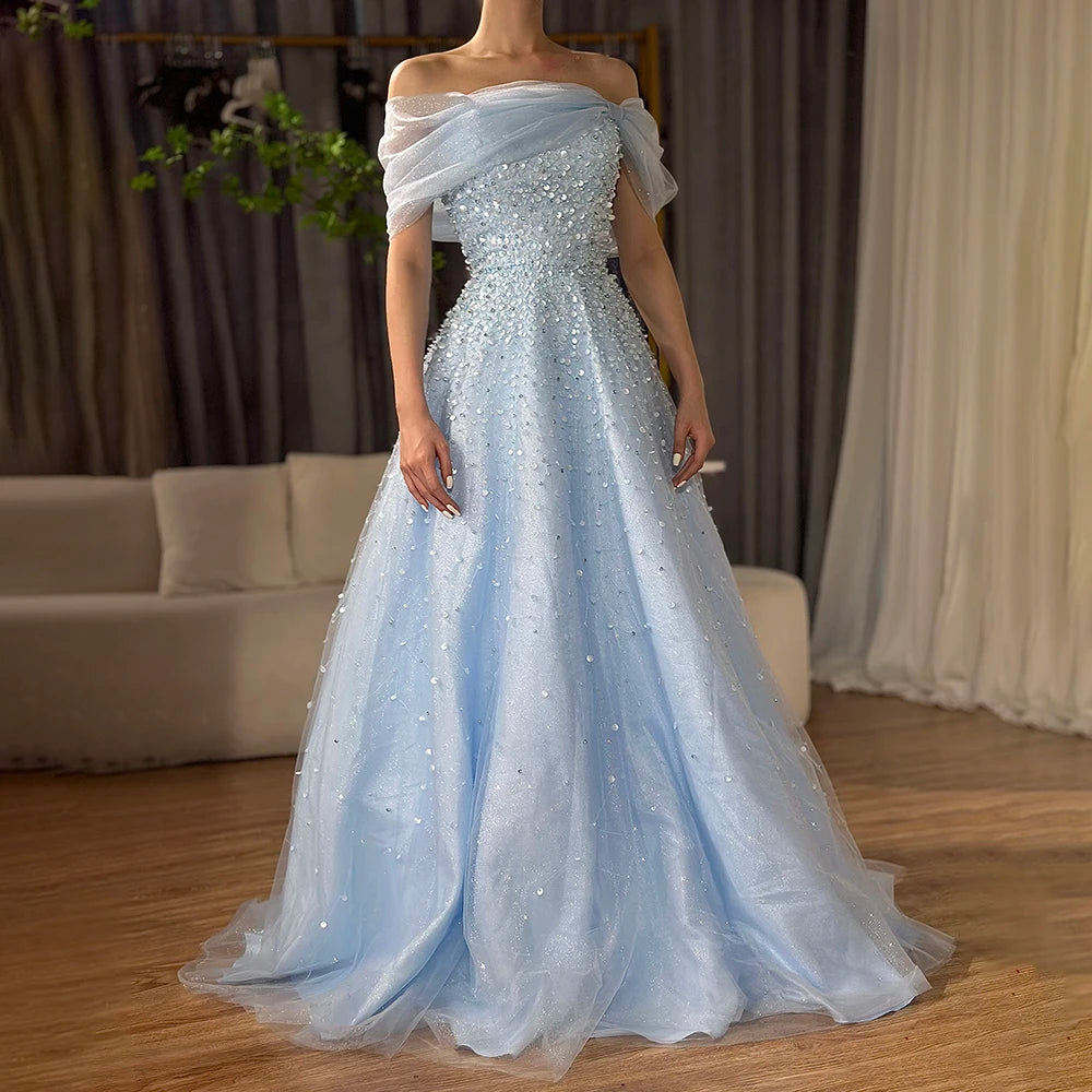 Luxury Dubai Arabic Blue Off Shoulder Beaded A Line Evening Dress LA72009A - SERENE  HILL