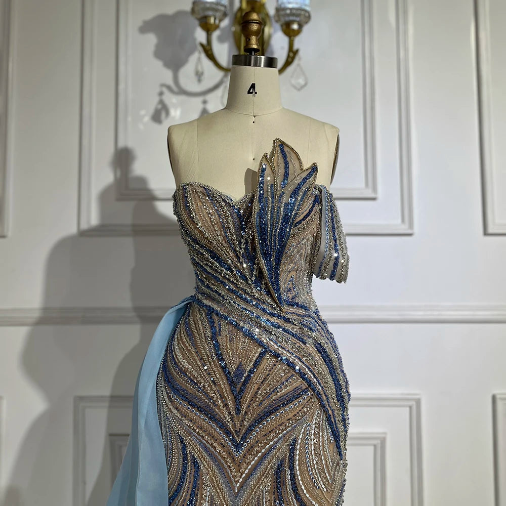 Luxury Dubai Arabic Blue One Shoulder Luxury Dubai Evening Gown with Side Overskirt Beaded Dress for Women&
