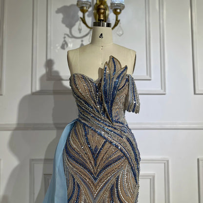 Luxury Dubai Arabic Blue One Shoulder Luxury Dubai Evening Gown with Side Overskirt Beaded Dress for Women&