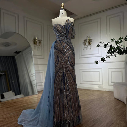 Luxury Dubai Arabic Blue One Shoulder Luxury Dubai Evening Gown with Side Overskirt Beaded Dress for Women&