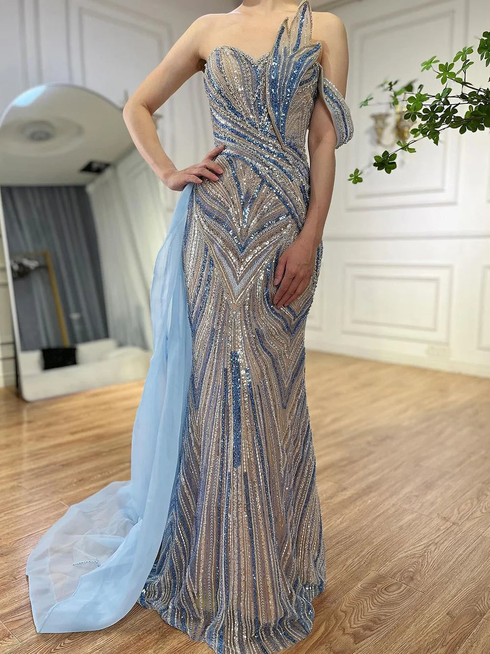 Luxury Dubai Arabic Blue One Shoulder Luxury Dubai Evening Gown with Side Overskirt Beaded Dress for Women&