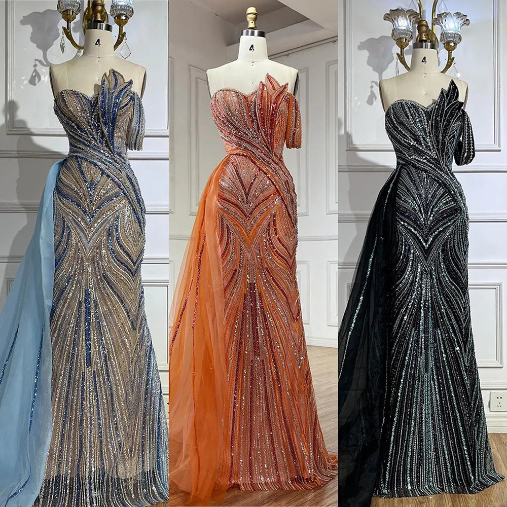 Luxury Dubai Arabic Blue One Shoulder Luxury Dubai Evening Gown with Side Overskirt Beaded Dress for Women&