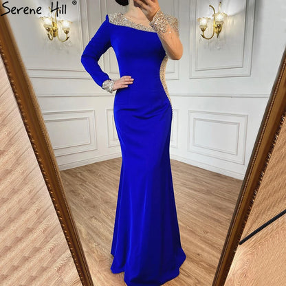Serene Hill 2025 Arabic Blue Satin Mermaid White Evening Gowns Elegant Beaded for Women Wedding Party LA71152 - SERENE HILL