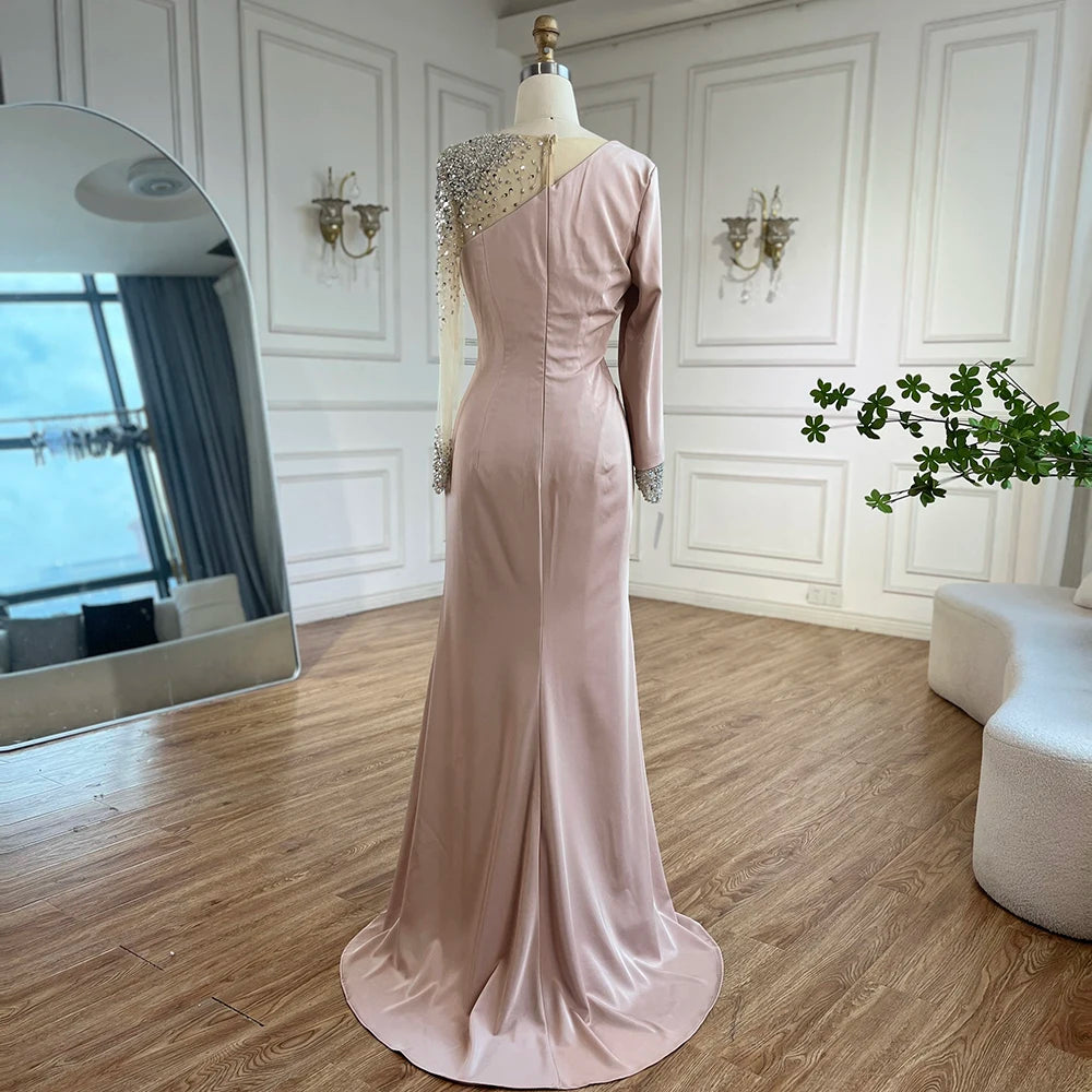 Serene Hill 2025 Arabic Blue Satin Mermaid White Evening Gowns Elegant Beaded for Women Wedding Party LA71152 - SERENE HILL