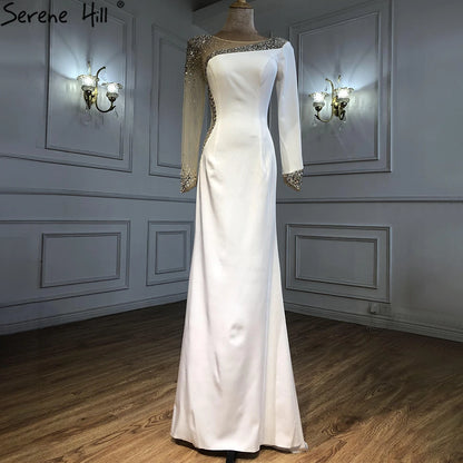 Serene Hill 2025 Arabic Blue Satin Mermaid White Evening Gowns Elegant Beaded for Women Wedding Party LA71152 - SERENE HILL