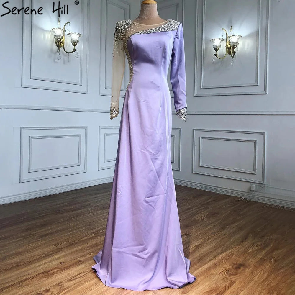 Serene Hill 2025 Arabic Blue Satin Mermaid White Evening Gowns Elegant Beaded for Women Wedding Party LA71152 - SERENE HILL