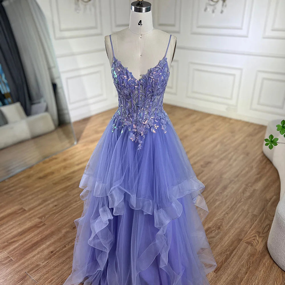 Serene Hill 2025 Arabic Blue Spaghetti Strap A-Line Tiered Lace Appliques Luxury Evening Dress for Women&