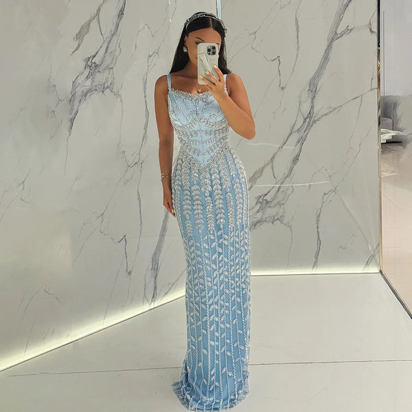 Luxury Arabic Blue Spaghetti Strap Mermaid Evening Dress Beaded LA72725