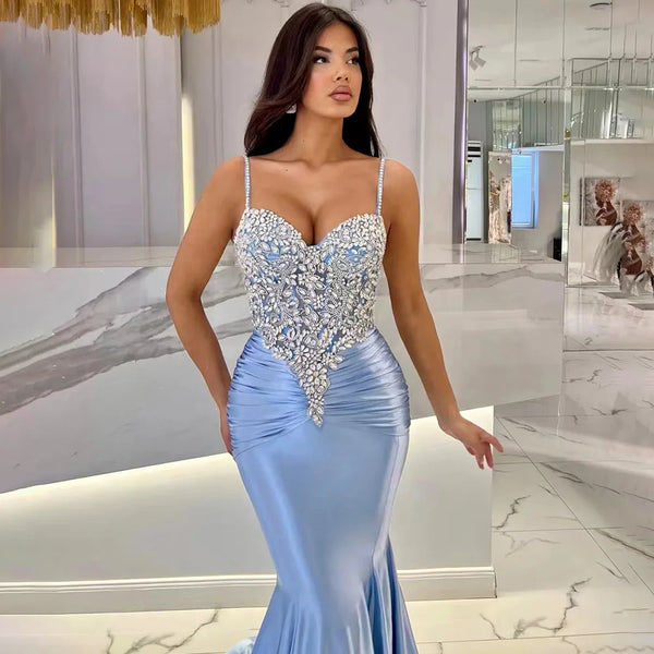 Luxury Blue Spaghetti Strap Satin Mermaid Beaded Evening Dress LA72729