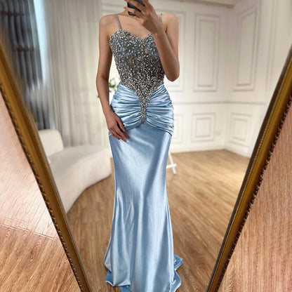 Luxury Blue Spaghetti Strap Satin Mermaid Beaded Evening Dress LA72729 - SERENE HILL