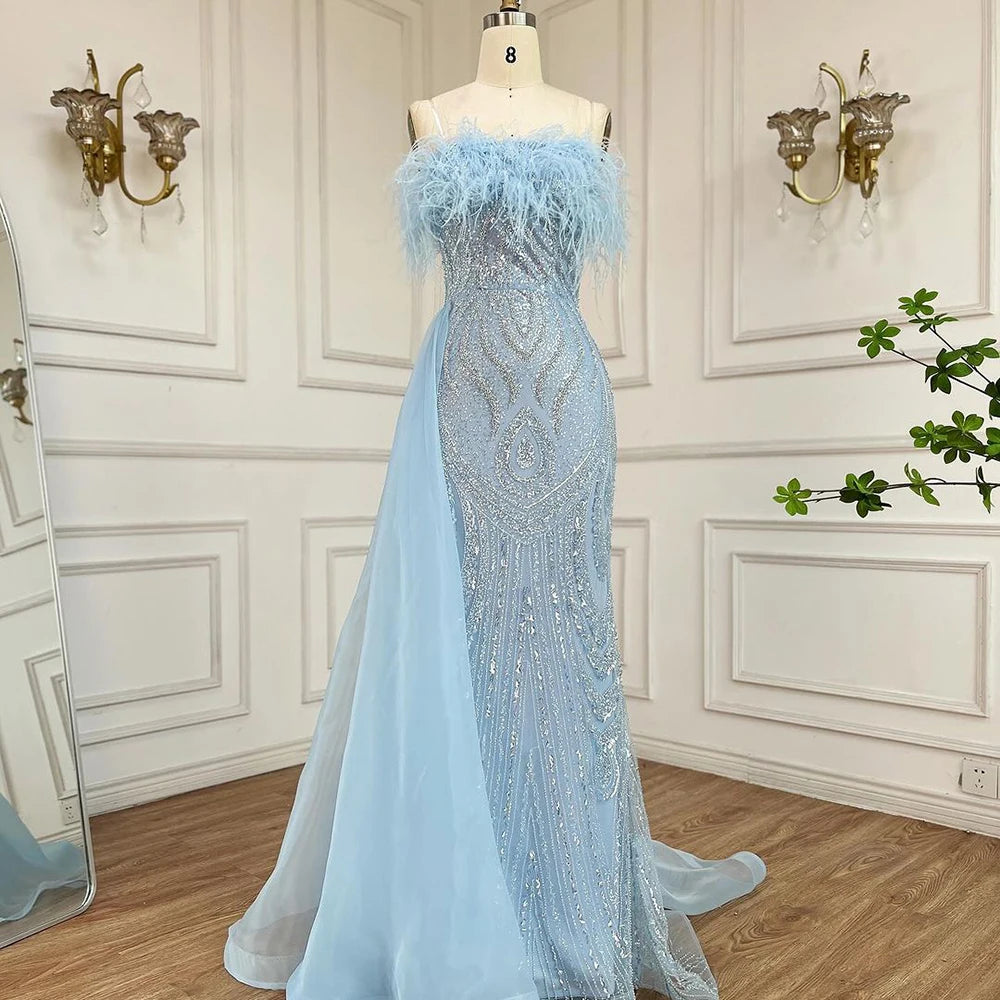 Serene Hill 2025 Arabic Blue Mermaid Evening Gown with Overskirt Feathers Beaded Dress for Women&