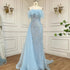 Serene Hill 2025 Arabic Blue Mermaid Evening Gown with Overskirt Feathers Beaded Dress for Women&