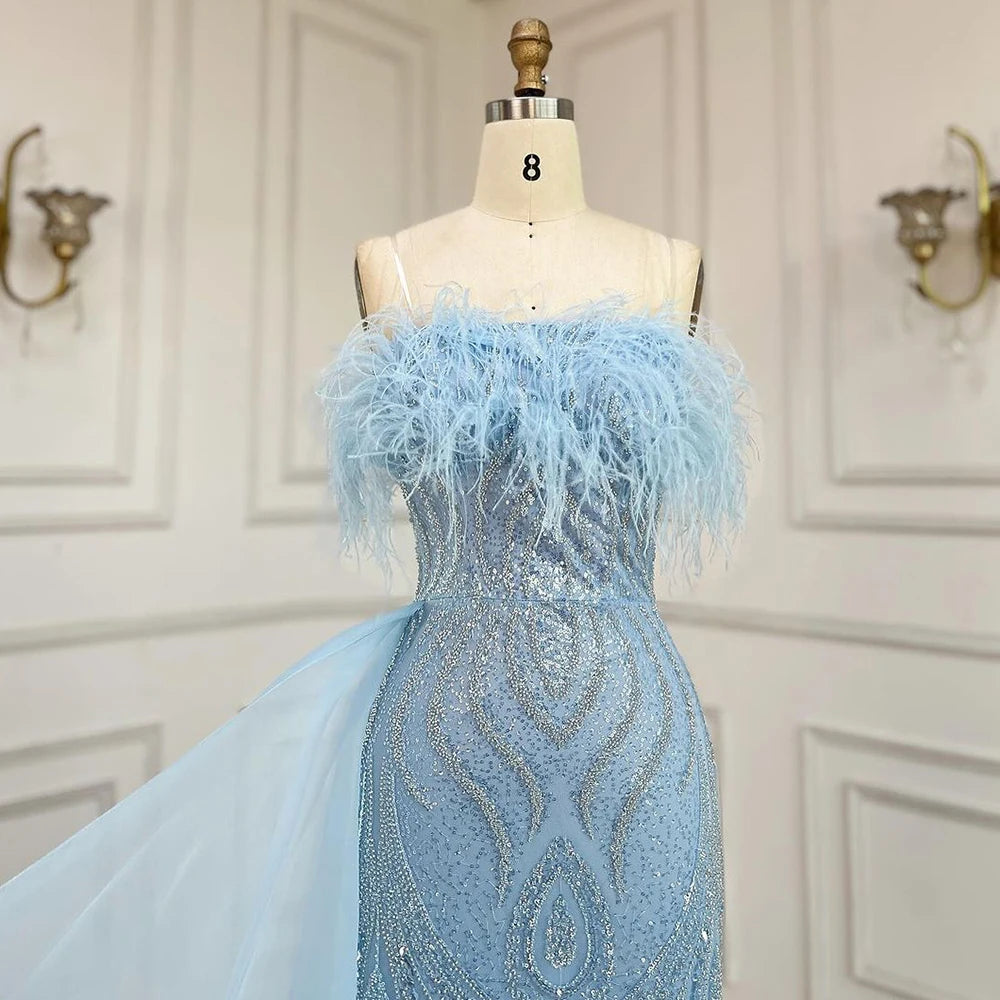 Serene Hill 2025 Arabic Blue Mermaid Evening Gown with Overskirt Feathers Beaded Dress for Women&