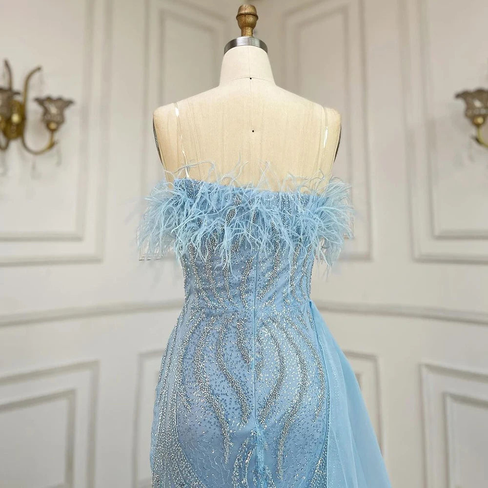 Serene Hill 2025 Arabic Blue Mermaid Evening Gown with Overskirt Feathers Beaded Dress for Women&