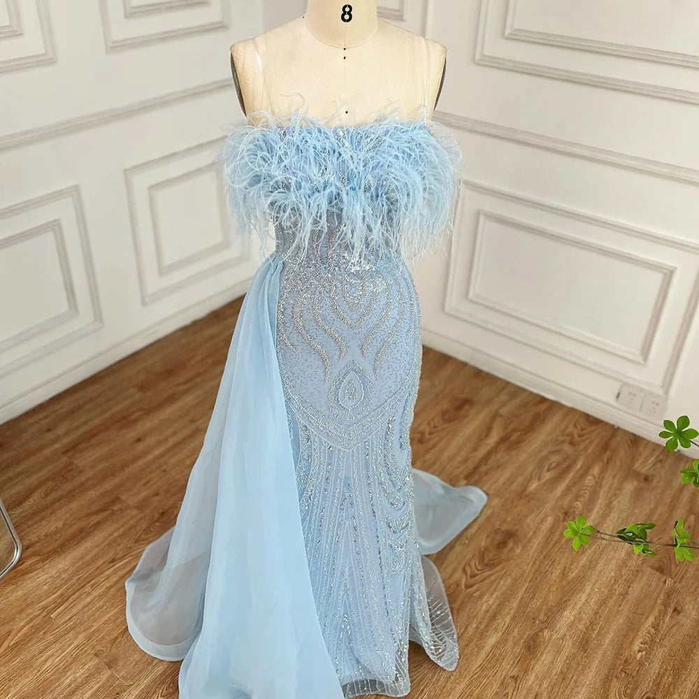Serene Hill 2025 Arabic Blue Mermaid Evening Gown with Overskirt Feathers Beaded Dress for Women&