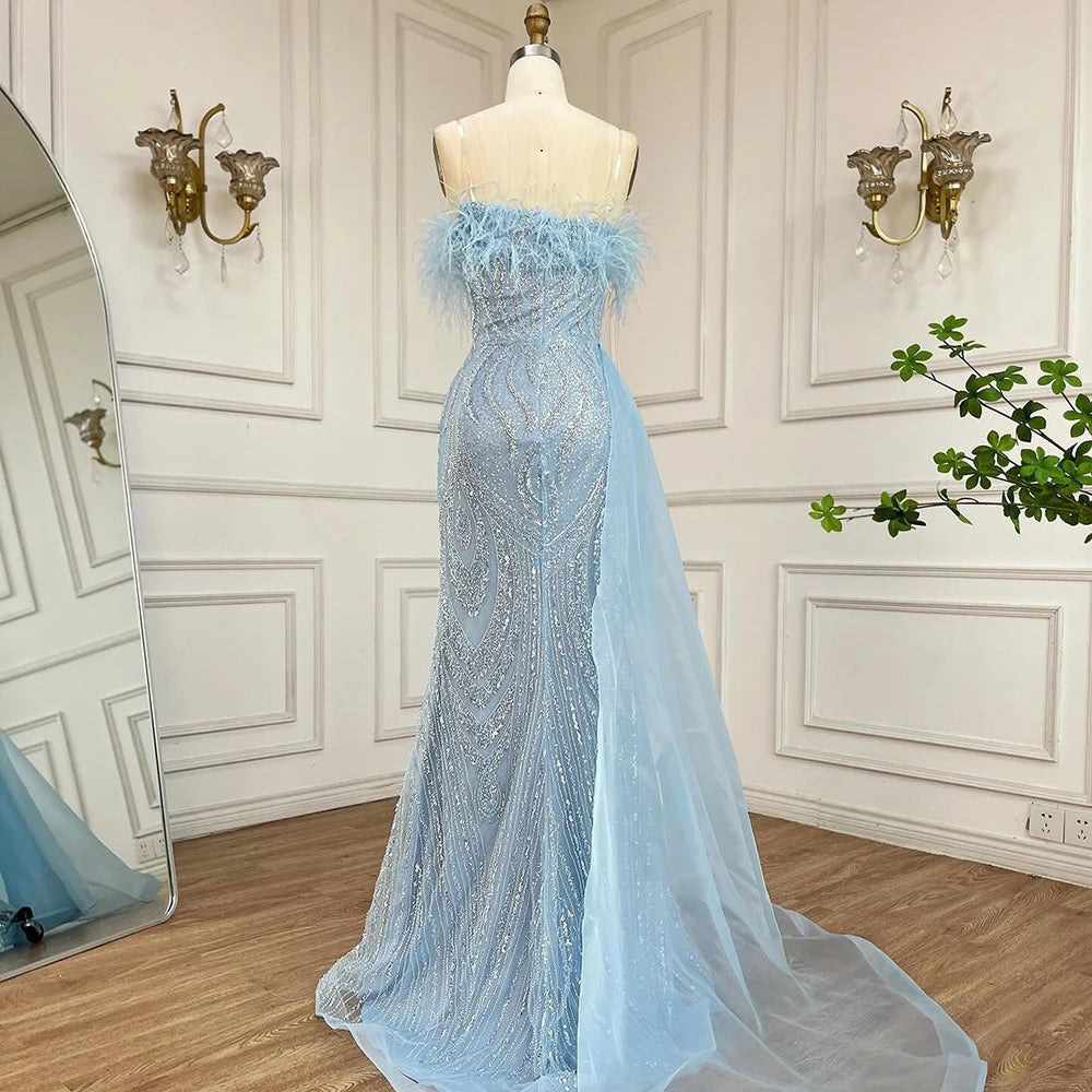 Serene Hill 2025 Arabic Blue Mermaid Evening Gown with Overskirt Feathers Beaded Dress for Women&