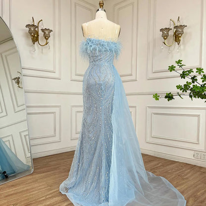 Serene Hill 2025 Arabic Blue Mermaid Evening Gown with Overskirt Feathers Beaded Dress for Women&