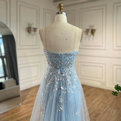 Serene Hill 2025 Arabic Blue Mermaid Luxury Evening Gown with Tulle Overskirt Beaded Dress for Women&